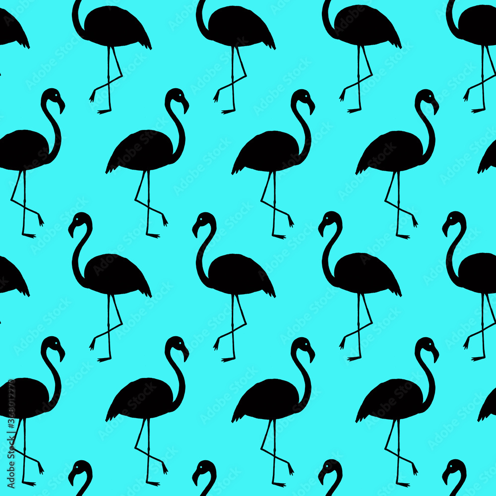 Fototapeta premium Seamless pattern with silhouette of flamingo, black on blue