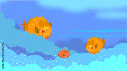 Animation, three tropical fish ball are playing on the waves. photo