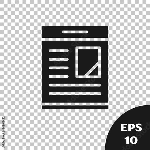 Black Newspaper advertisement displaying obituaries icon isolated on transparent background. Vector.