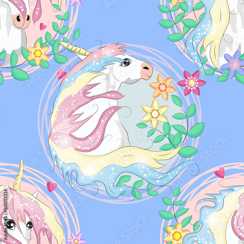 seamless pattern with cute unicorns  clouds rainbow and stars. Magic background with little unicorns.