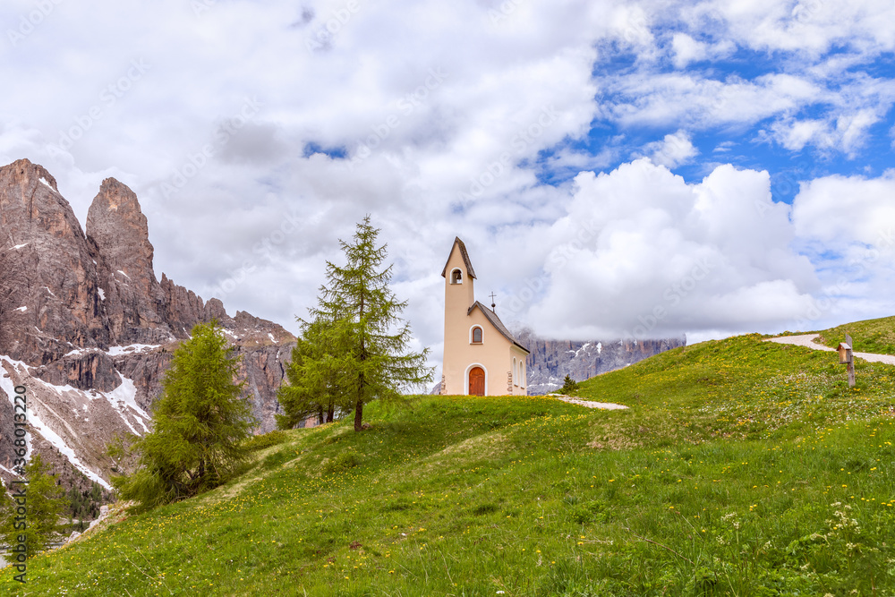 Beautiful view of Chapel di San Maurizio at the Gardena Pass, South Tyrol, Italy (Italian Dolomites)