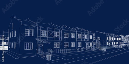 Perspective 3D town street with beautiful  houses. Vector architectural blueprint. 