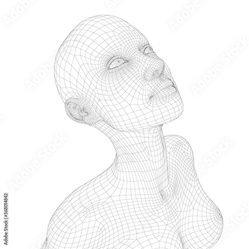 Wireframe of a girl with her head up. Isometric view. 3D. Vector illustration