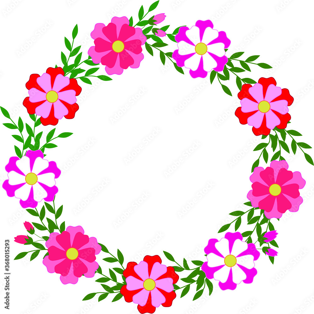 A wreath of pink and red flowers and green leaves