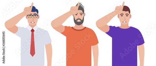 Men showing loser sign on forehead with fingers. People with gesturing hand over head. Male making 'L' symbol. Character set. Vector illustration in cartoon style.