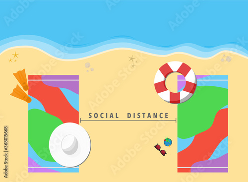 Vector of Social distance on the beach, 2 beach towels keep distance for Sunbathe or tanning on the sand. New Normal summer beach after lockdown due to coronavirus