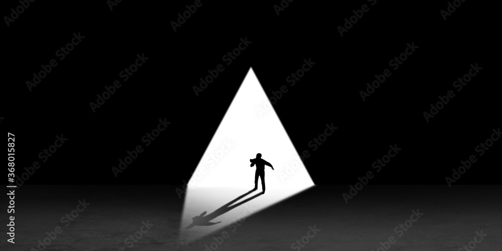 Fototapeta premium Silhouette of man walking in the night toward the light, view from above. Way of life, going nowhere. Flyer with copyspace. Mind and art concept, loneliness, freedom of choice. Abstract illustration.
