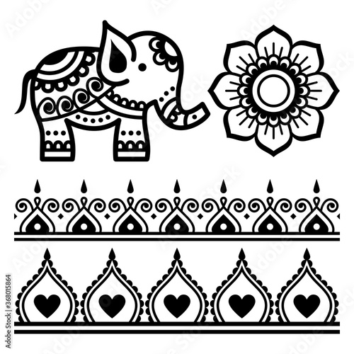 Mehndi Indian vector mandala design elemnents - elephant, floral mandala, henna tattoo paterns set
