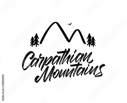 Vector Handwritten calligraphy lettering of Carpathian Mountains. Hand drawn mountains doodle.
