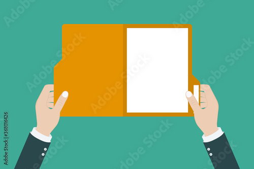 Hand holding an open folder. Document in hand. Vector illustration