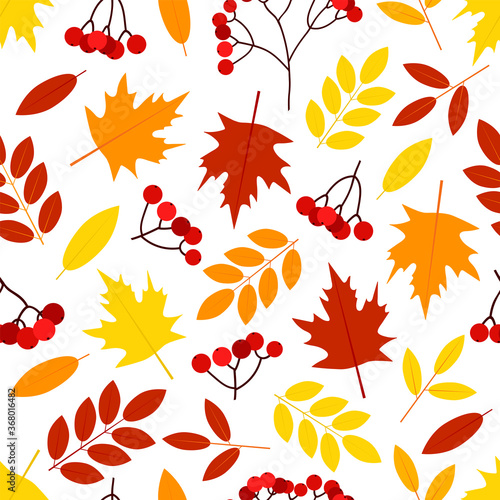 Autumn seamless pattern. Leaves and rowan.  Digital paper.