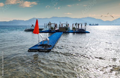 Floating resting pier at a beach of the Red Sea, Middle East