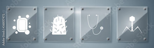 Set Bacteria bacteriophage, Stethoscope, Rabies virus and Bar of soap. Square glass panels. Vector.