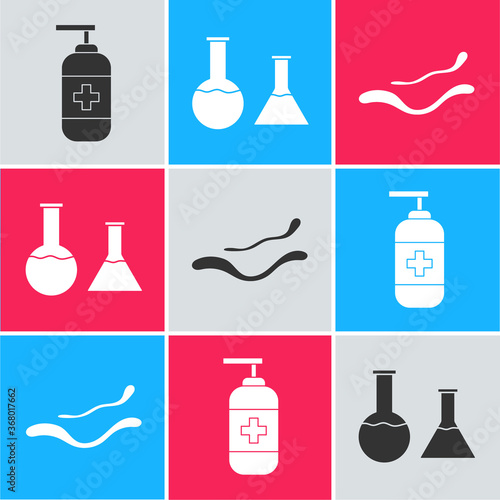 Set Bottle of liquid antibacterial soap, Test tube and flask and Ebola virus disease icon. Vector.