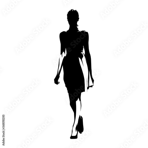 Slim tall woman in summer dress walking forward, isolated vector silhouette. Ink drawing