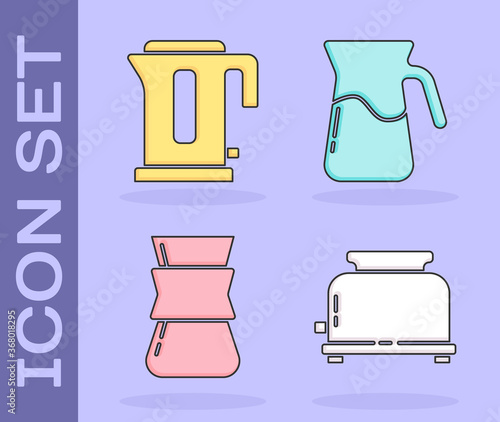 Set Toaster, Electric kettle, Coffee turk and Jug glass with water icon. Vector.