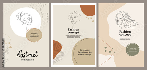 Set of fashion banners. Female face drawn in one line.