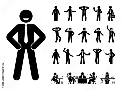 Stick figure office man standing in different poses design vector icon set. Happy, sad, surprised, amazed, angry face. Sitting, meeting, talking, pointing stickman person on white