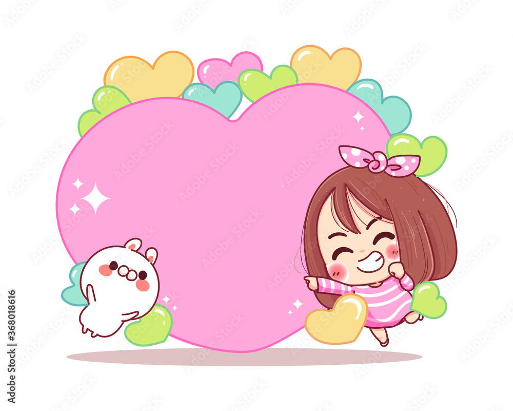 Character of smile girl and white rabbit with blank heart frame isolated on white background. Character of smile girl and white rabbit with blank heart frame isolated on white background.