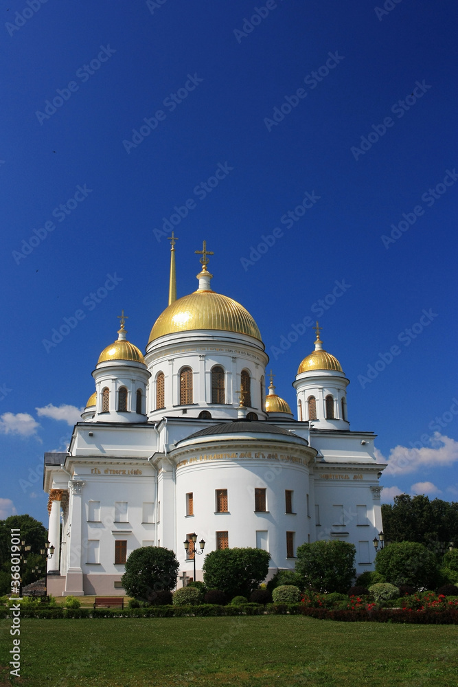 Old stone Orthodox Christian church with golden domes