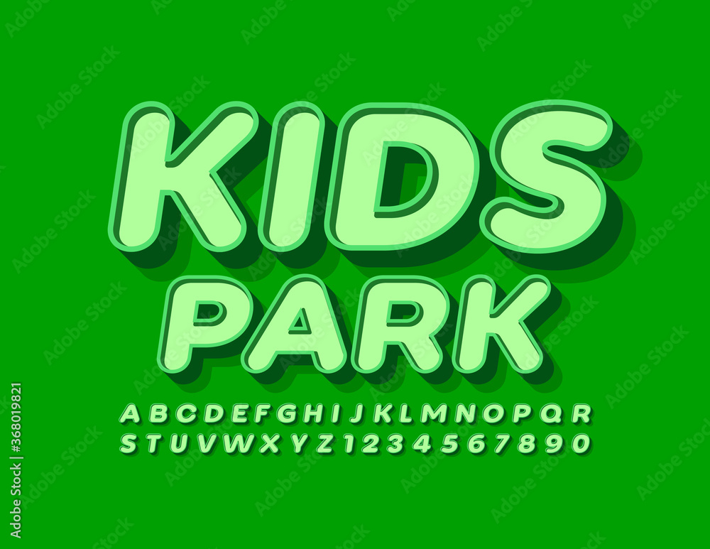 Vector Natural emblem Kids Park with Green 3D Font. Trendy retro style Alphabet Letters and Numbers Vector Natural emblem Kids Park with Green 3D Font. Trendy retro style Alphabet Letters and Numbers