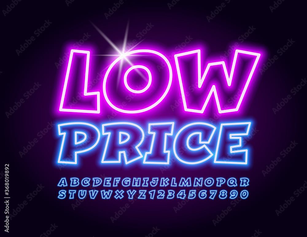 Vector promo banner Low Price with Neon playful Font. Modern Electro Alphabet Letters and Numbers