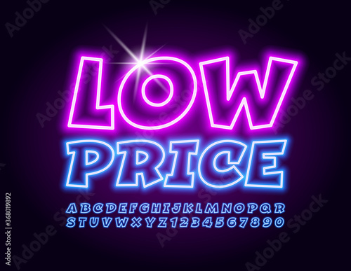 Vector promo banner Low Price with Neon playful Font. Modern Electro Alphabet Letters and Numbers
