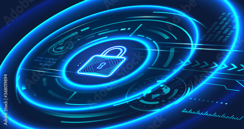 Data security concept design for personal privacy, data protection, and cyber security. Padlock with Keyhole icon on blue background.