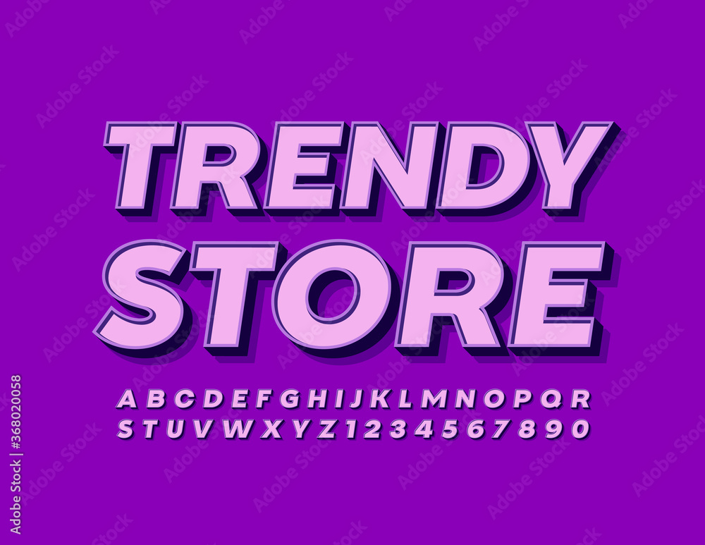 Vector modern banner Trendy Store. Violet 3D Font. Creative Alphabet Letters and Numbers set