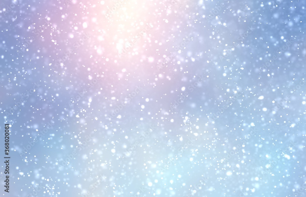 Snow fall shimmer texture soft pattern. Lens flare blue blurred background. Winter outdoor illustration. New year holiday decor.