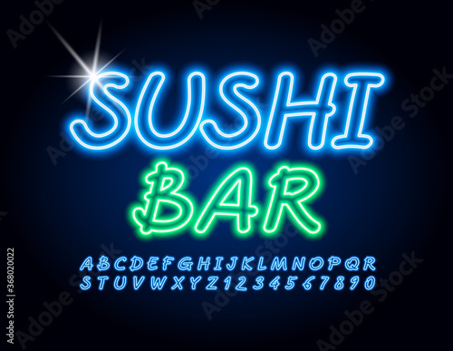 Vector creative neon logo Sushi Bar. Blue Electric Font. Bright Glowing Alphabet Letters and Numbers