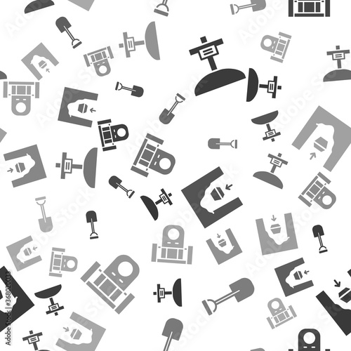 Set Grave with cross, Shovel, Coffin in grave and Grave with tombstone on seamless pattern. Vector.