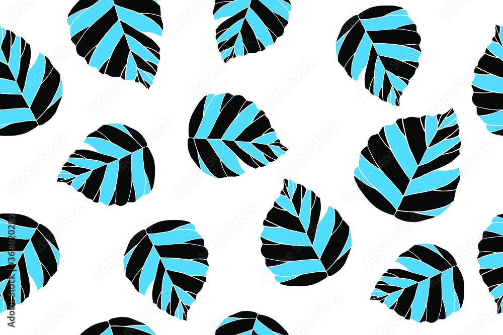 Fototapeta premium Tropical Blue Turquoise Bright Leaves. White Background. Exotic Seamless Pattern