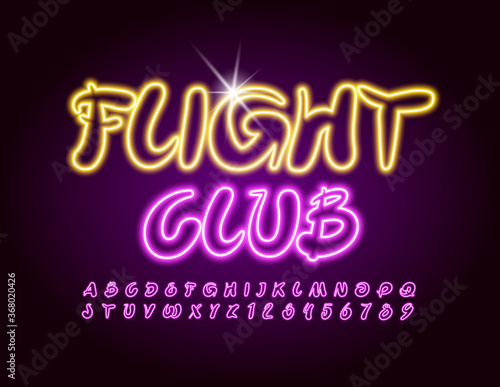 Vector creative sign Flight Club. Artistic Neon Font. Glowing handwritten Alphabet Letters and Numbers