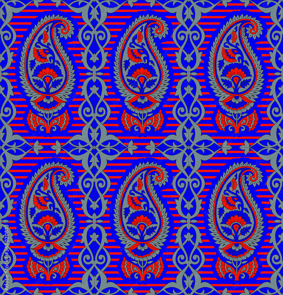Seamless abstract geometrical paisley pattern with strips and navy background.