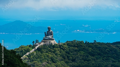 Aerial view of the enormous Tian Tan Buddha at Po Lin Monastery in Hong Kong