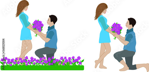 Couple in love, the guy gives flowers to the girl, the guy got on one knee in front of a girl, declaration of love