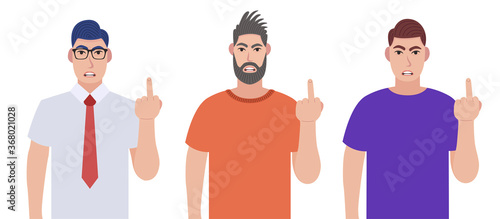Angry men showing off middle fingers. Obscene gesture. Character set. Vector illustration in cartoon style.
