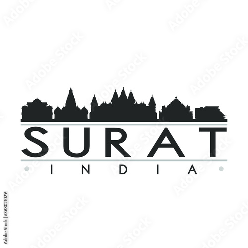 Surat India Skyline Silhouette City. Cityscape Design Vector. Famous Monuments Tourism.