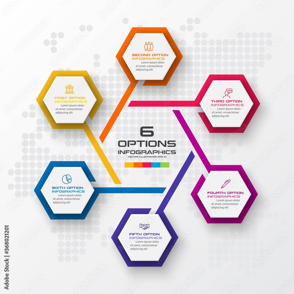 Abstract business infographics template with 6 hexagon in white color background Abstract business infographics template with 6 hexagon in white color background
