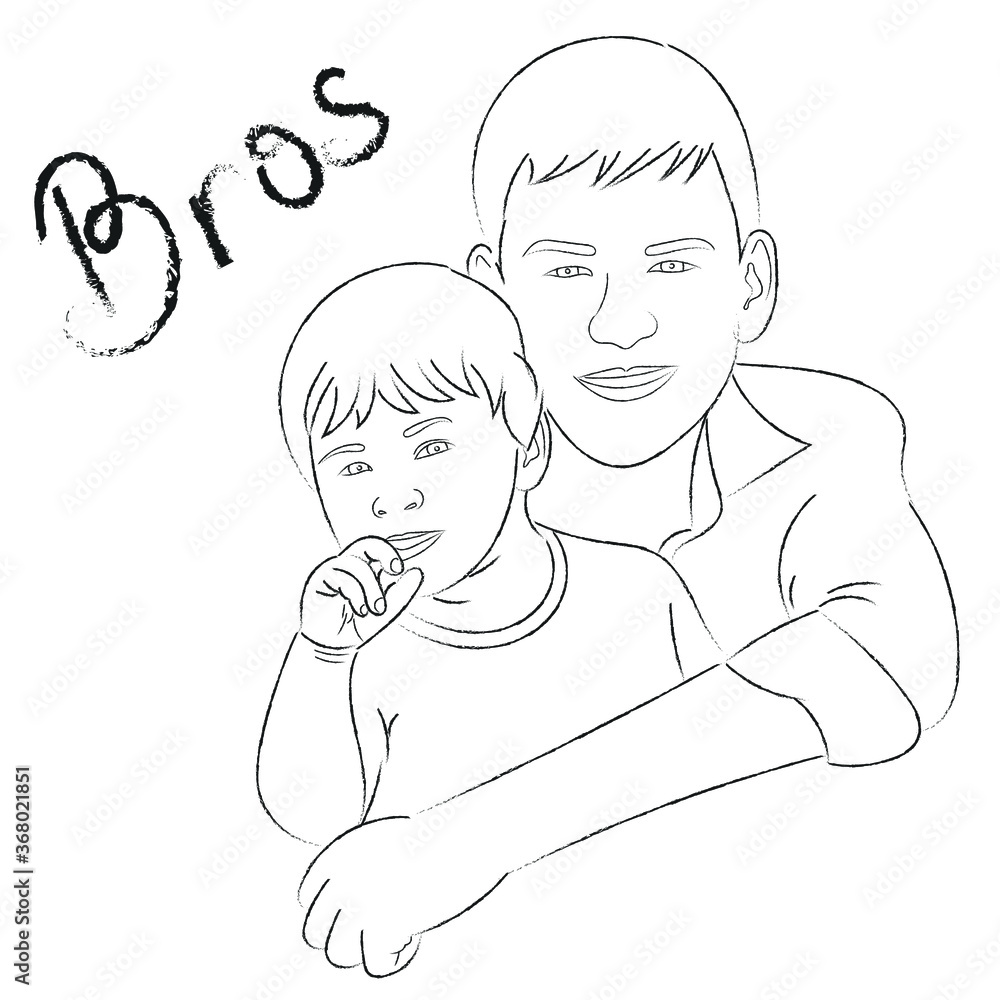 Sketch portrait of two brothers, two happy children, teenager and little boy Sketch portrait of two brothers, two happy children, teenager and little boy