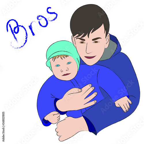 Two brothers, older brother hugs younger. flat vector. kid and teenager