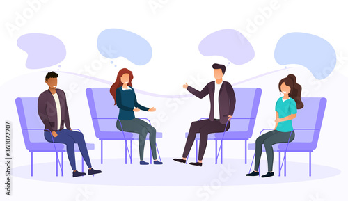 Group therapy addiction treatment concept with four diverse people sitting having an open discussion in a mutual support program, colored vector illustration