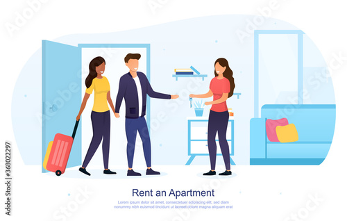Tourists renting an apartment concept with a couple with luggage receiving the key from the agent, colored vector illustration