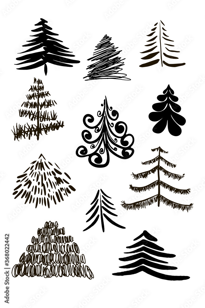 New Year trees, hand-drawn vector. Cute abstract conifer pine fir Christmas needle trees collection
