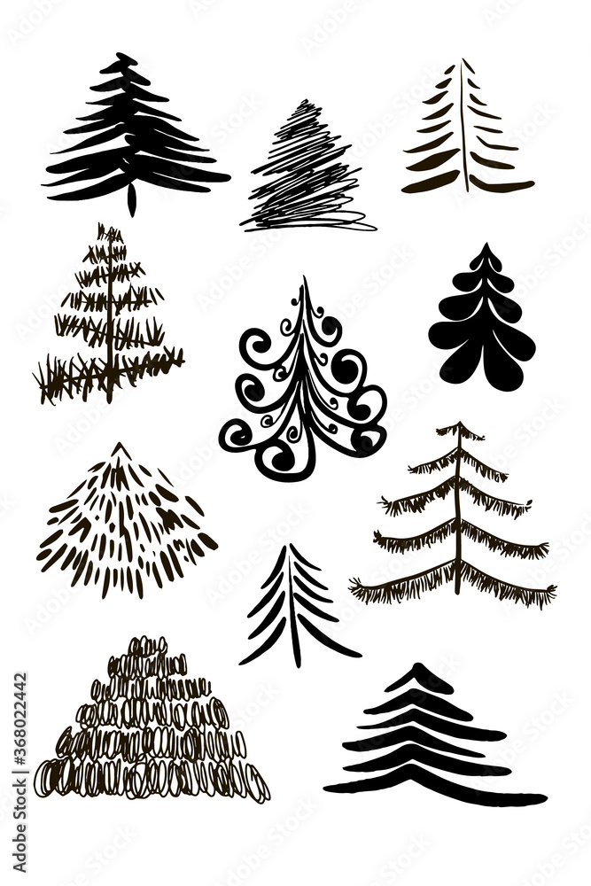 Obraz premium New Year trees, hand-drawn vector. Cute abstract conifer pine fir Christmas needle trees collection 