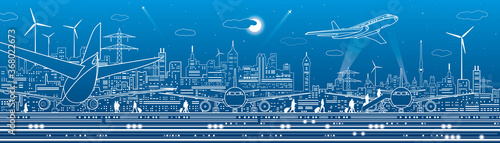 Aviation panoramic. City airport infrastructure illustration. Passengers board the plane. Contour transportation image. Vector design art