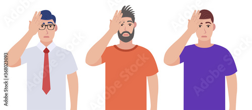 Men with a gestures facepalm. Headache, disappointment or shame. Character set. Vector illustration in cartoon style.