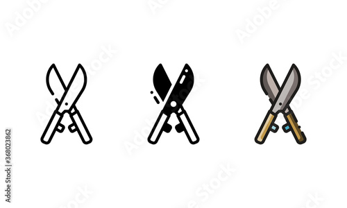Hedge shears icon. With outline, glyph, and filled outline style