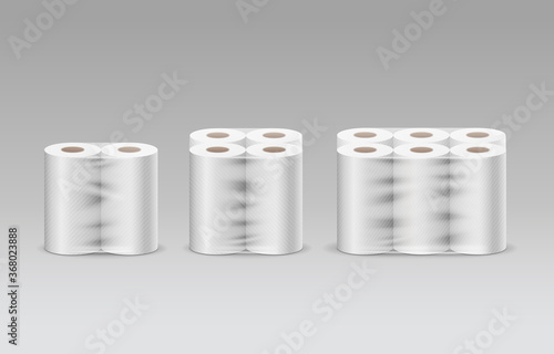 Plastic roll tissue paper long roll three product, two rolls, four rolls, six rolls, collection on gray background template design, vector illustration